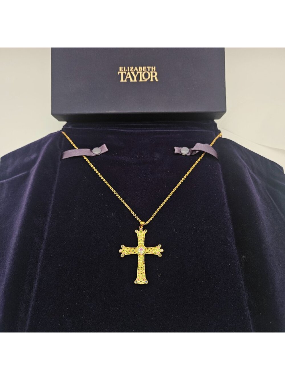 Elizabeth Taylor Gold Tone Multi Color Crystal Cross Pendant Necklace Boxed